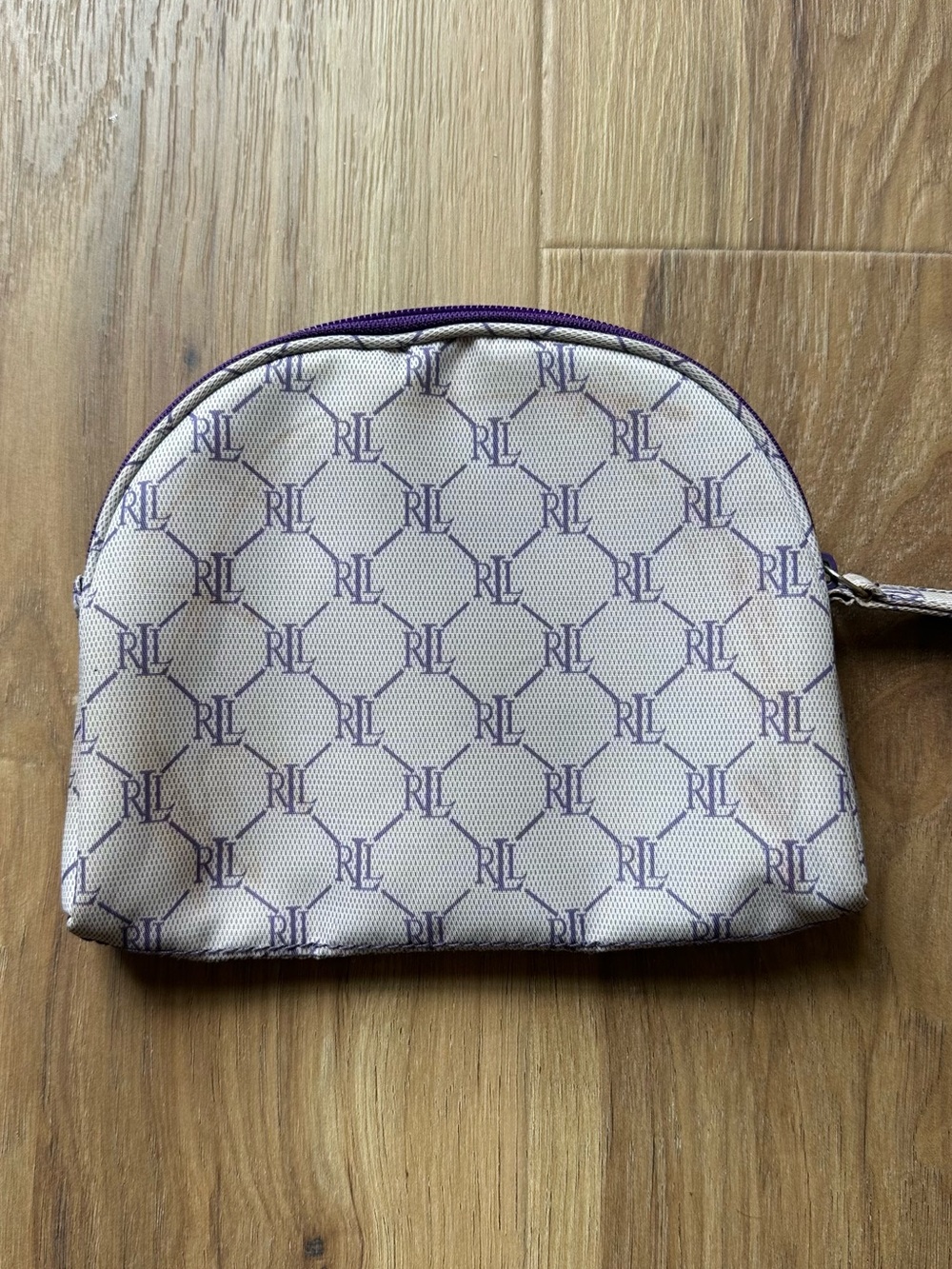 Lauren Ralph Lauren Cream Cosmetic Pouch with Purple Monogram